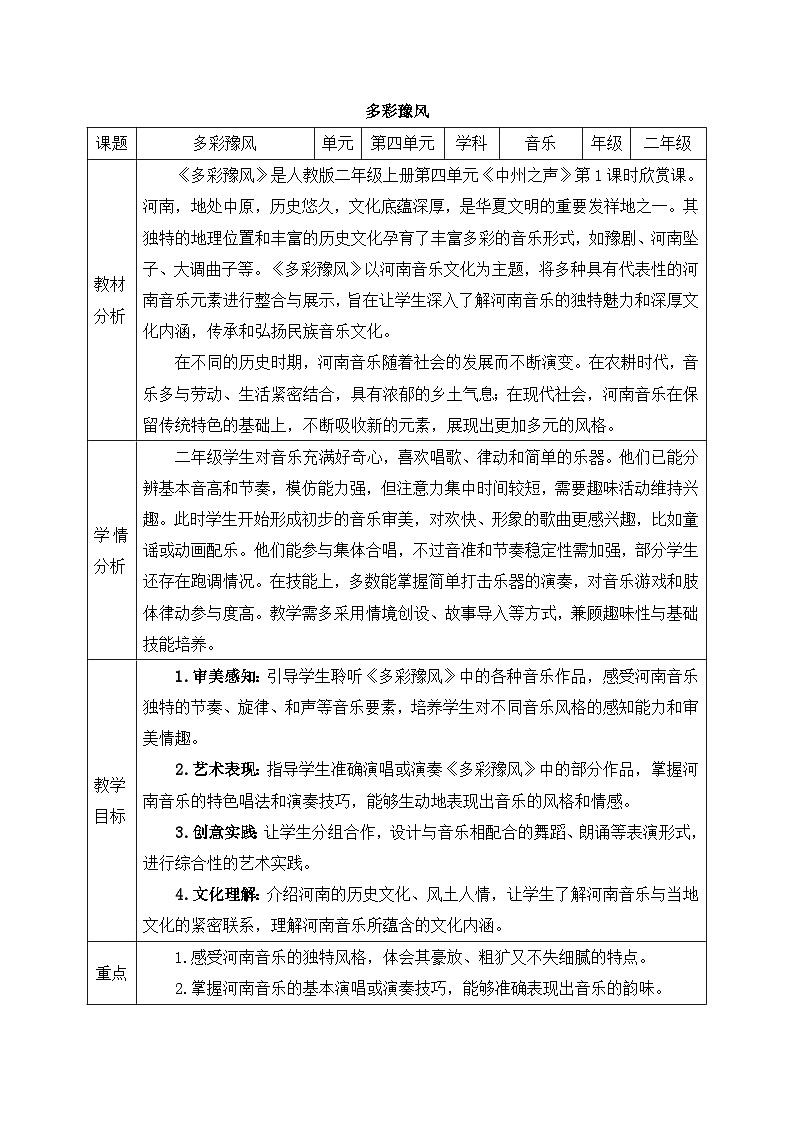 新人教版小学音乐二上第四单元《音乐万花筒 多彩豫风》教案第1页