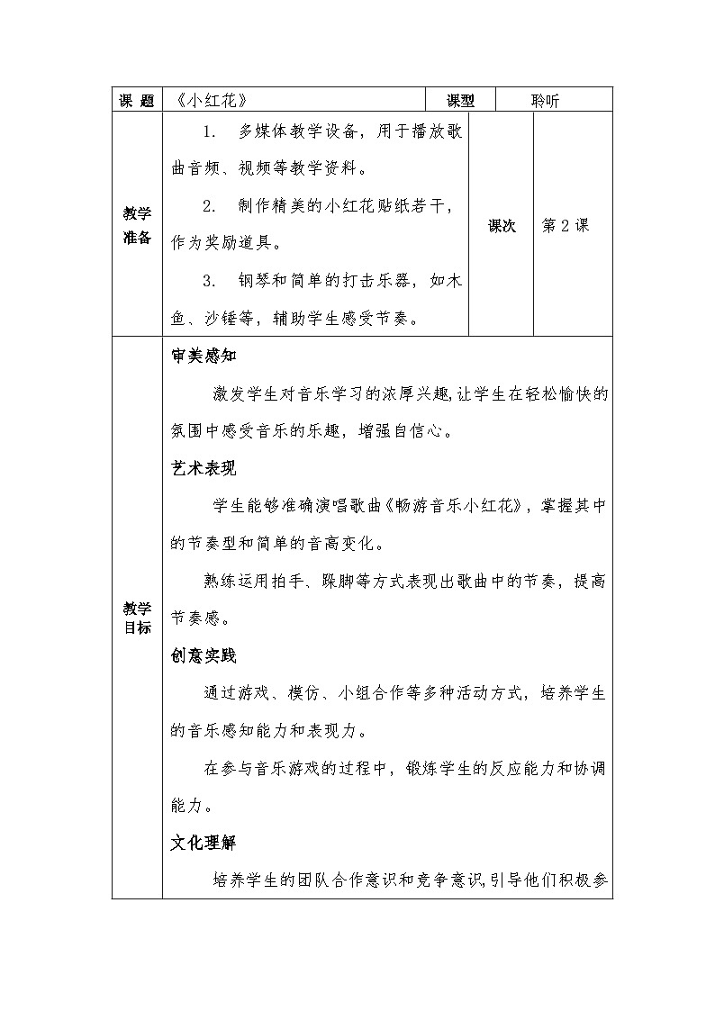冀少版小学音乐一年级下册第一单元 《小红花》教学设计第1页