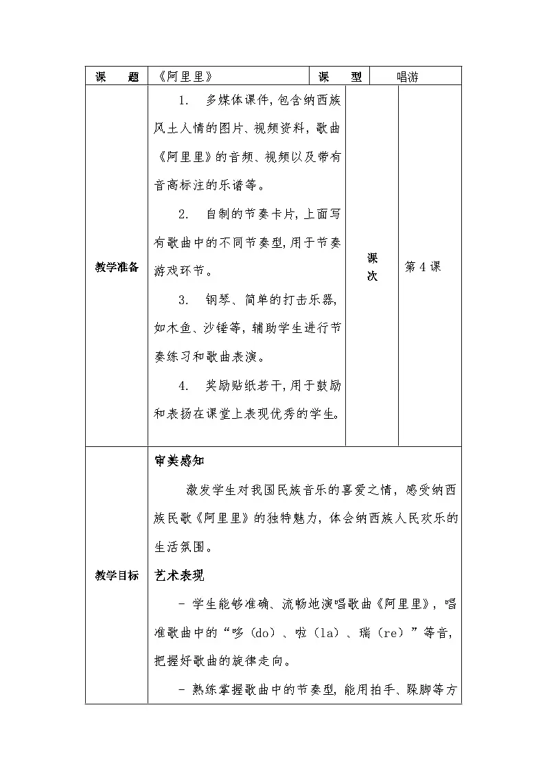 冀少版小学音乐一年级下册第一单元 《阿里里》教学设计第1页
