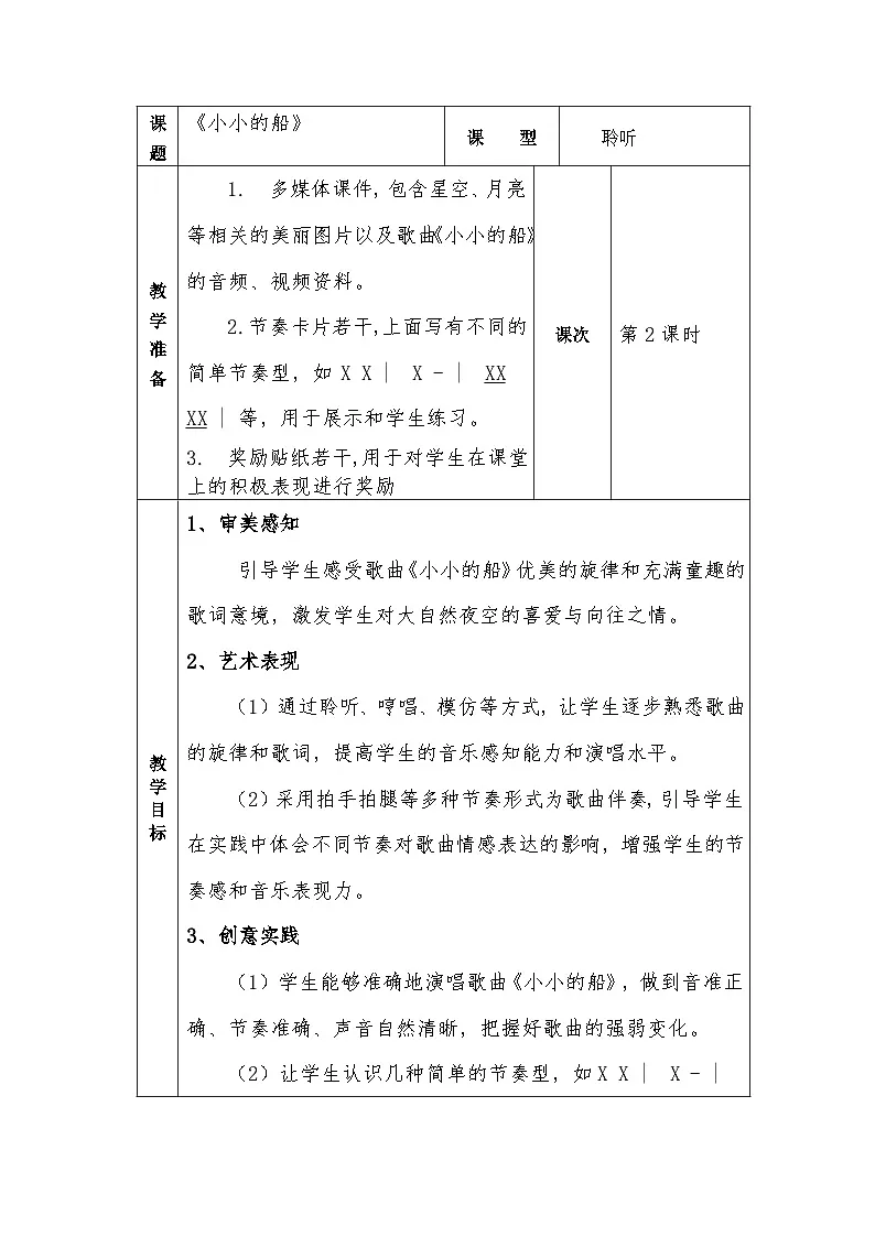 冀少版小学音乐一年级下册第二单元《小小的船》教学设计第1页