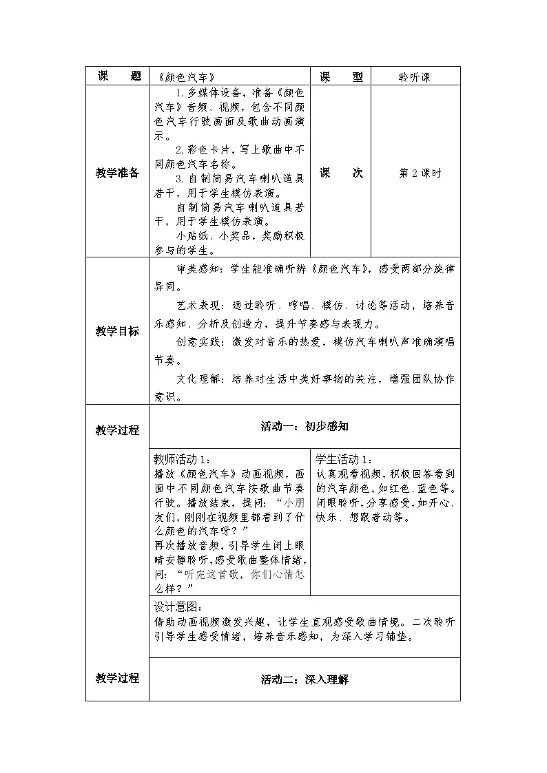 冀少版小学音乐一年级下册第四单元《颜色汽车》教学设计第1页