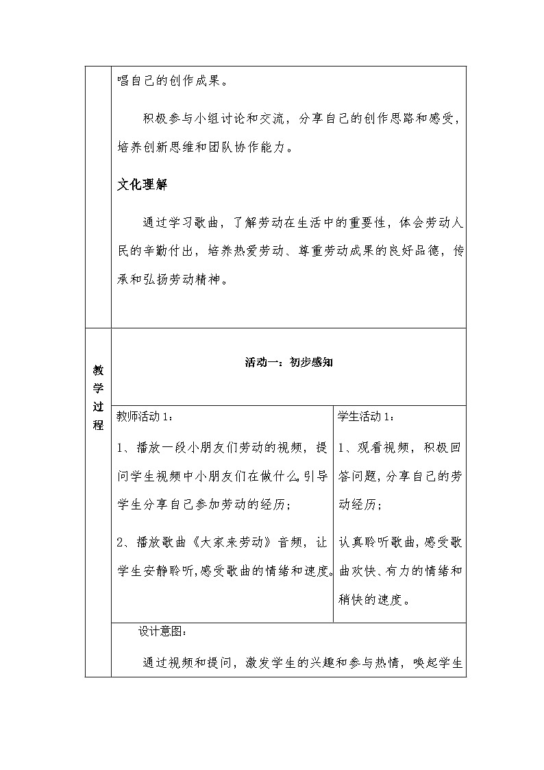 冀少版小学音乐一年级下册第五单元 《大家来劳动》教学设计第2页