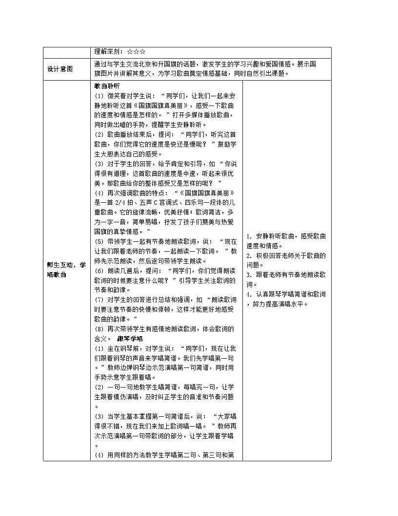 音乐 人音版2024 一上唱歌 国旗国旗真美丽 教案（表格式）第3页