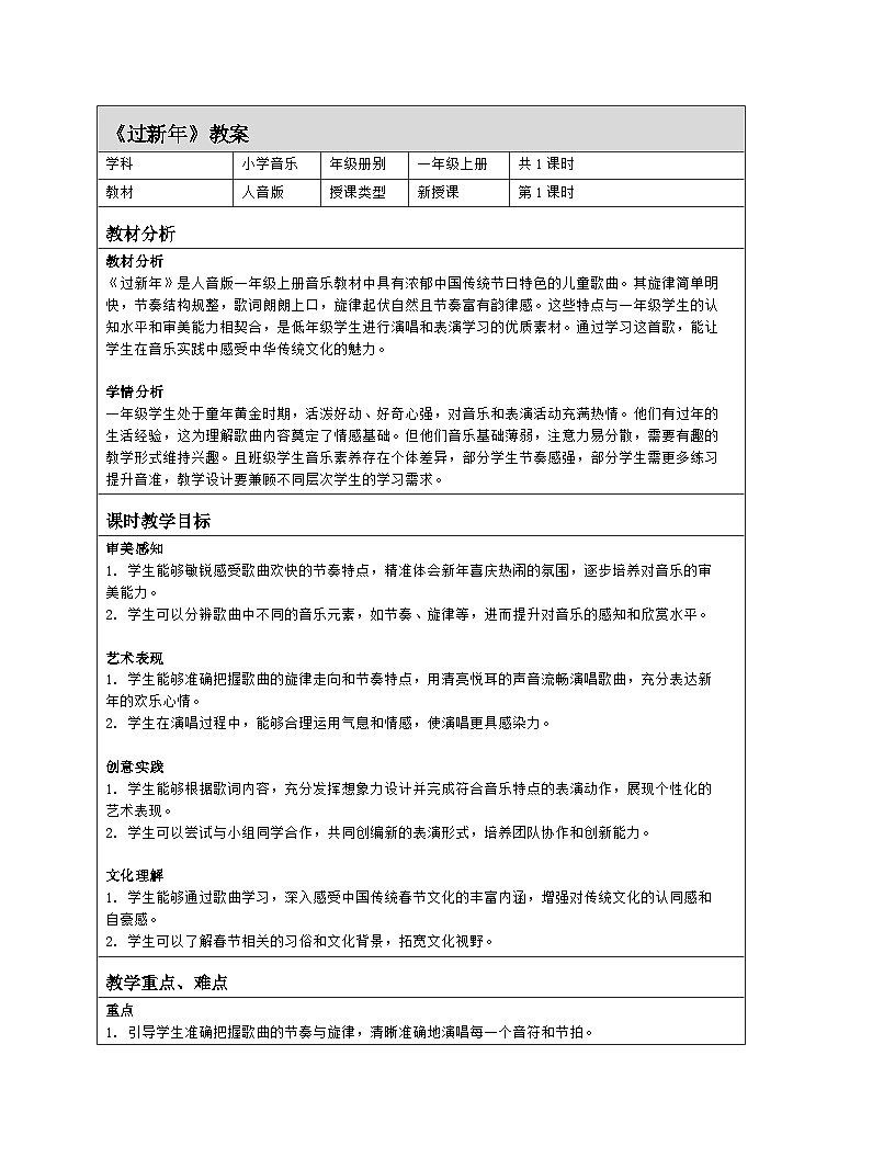 音乐 人音版2024 一上情境表演 过新年 教案（表格式）第1页