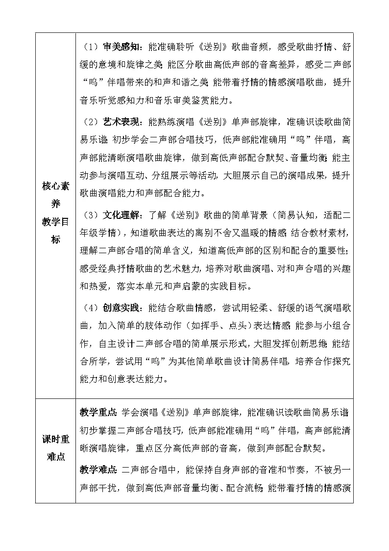 人教版2024小学音乐二下第一单元《小歌唱家 送别》教案第2页