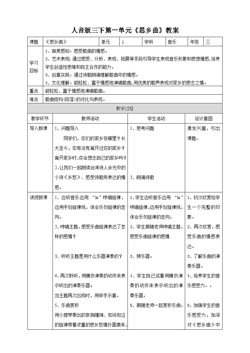 人音版2024小学音乐三下第一单元《欣赏 思乡曲》表格式教案第1页
