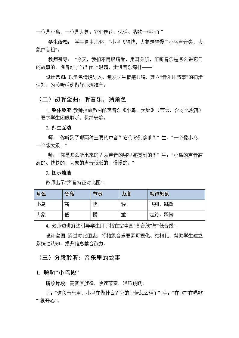 三、音乐的奥秘·高低 快乐小乐手 《小鸟与大象（聆听、发现）》教学设计-2025-2026学年接力版（新教材）小学音乐一年级下册第2页
