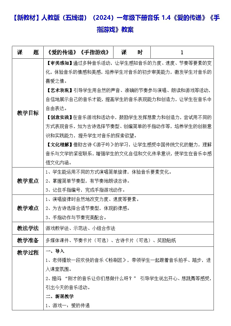 【新教材】人教版（五线谱）（2024）一年级下册音乐1.4《爱的传递》《手指游戏》教案第1页
