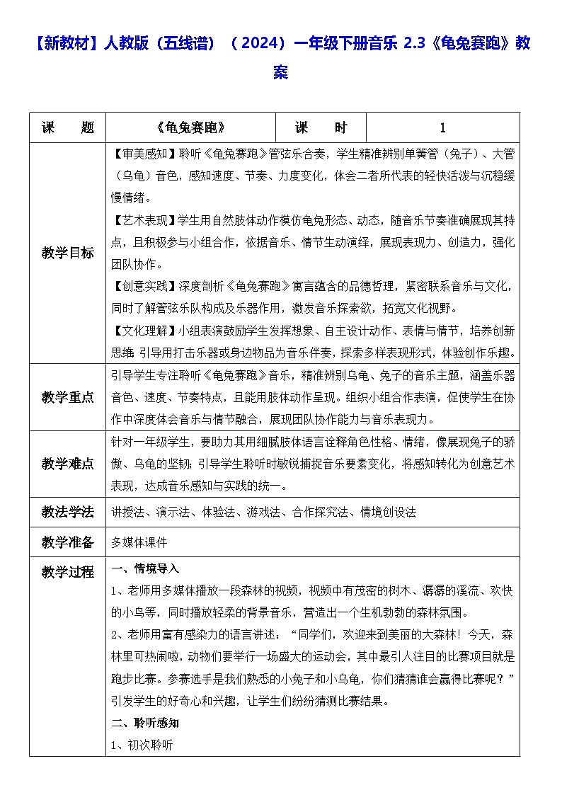 【新教材】人教版（五线谱）（2024）一年级下册音乐2.3《龟兔赛跑》教案第1页
