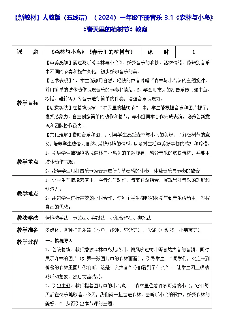 【新教材】人教版（五线谱）（2024）一年级下册音乐3.1《森林与小鸟》《春天里的植树节》教案第1页