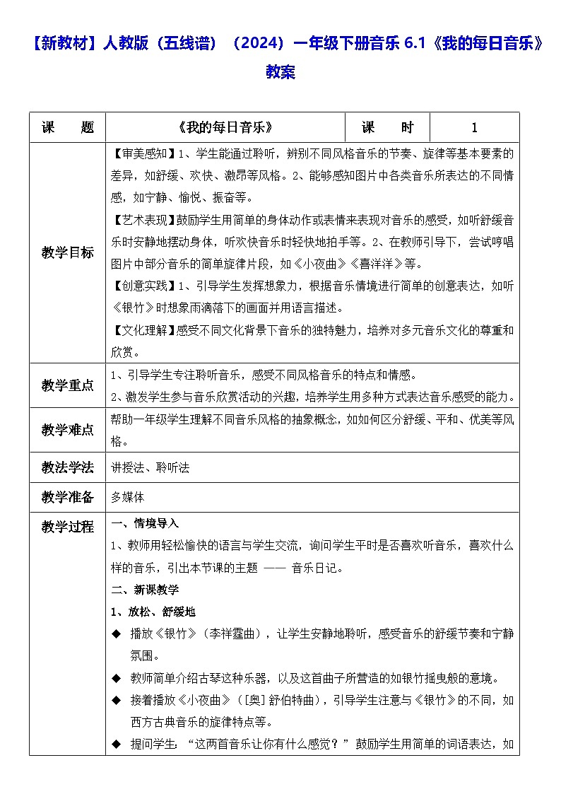 【新教材】人教版（五线谱）（2024）一年级下册音乐6.1《我的每日音乐》教案第1页