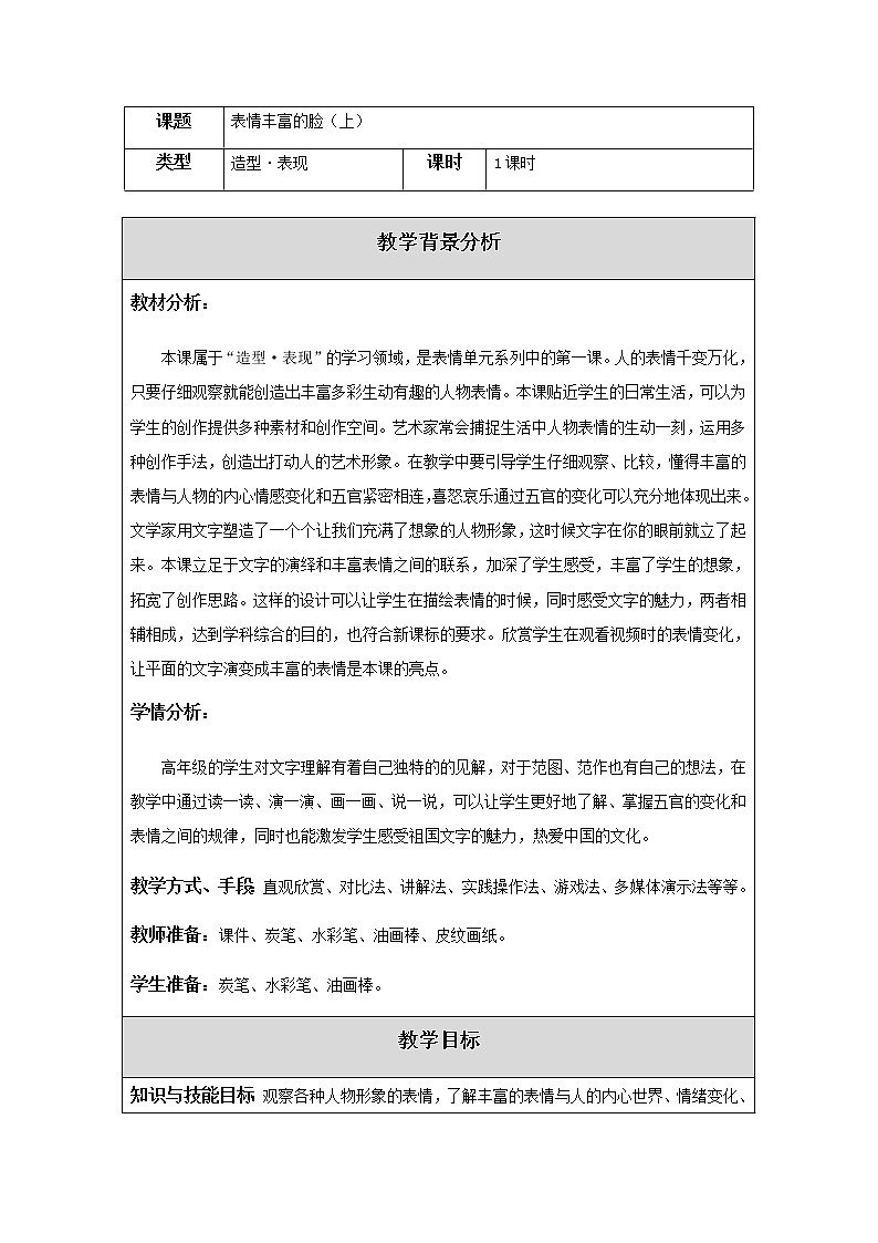 美术五年级上册教案-第7课　表情丰富的脸13-苏少版01