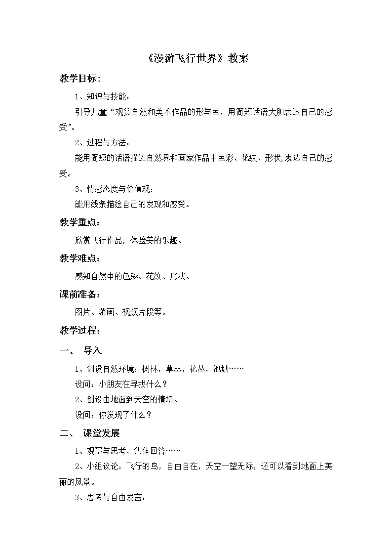 第1课《漫游飞行世界》教案01