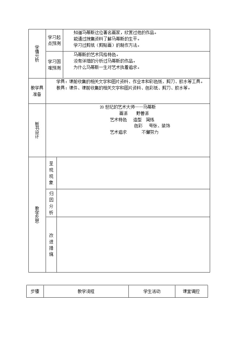 人美版小学五年级美术下册《第2课20世纪的艺术大师——马蒂斯》word教案 (2)第2页