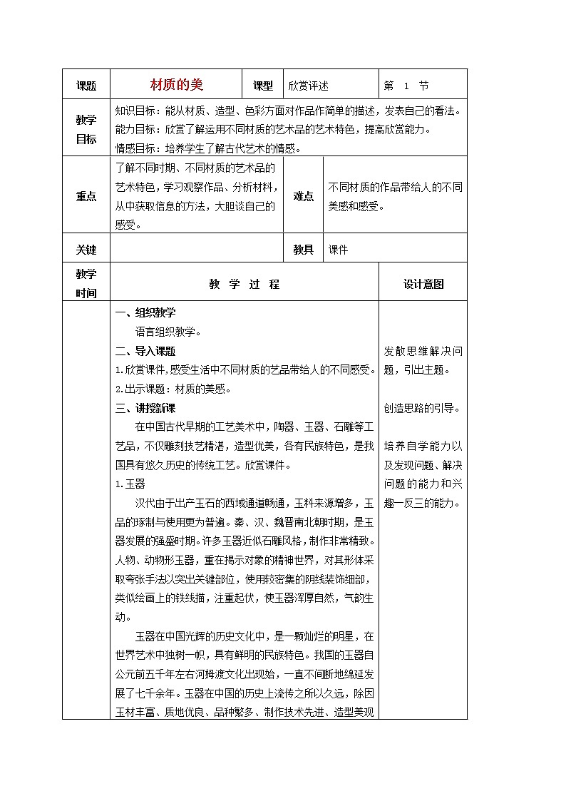 人美版小学四年级美术下册《第4课材质的美》word教案 (4)01