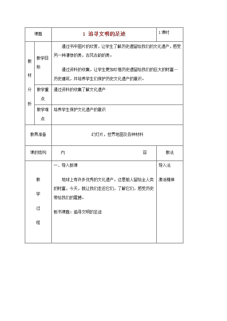 人美版小学六年级美术下册《第1课追寻文明的足迹》word教案 (2)01