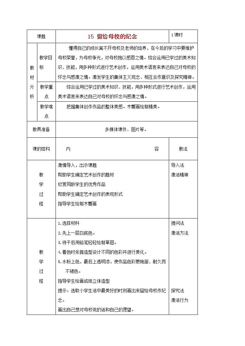 人美版小学六年级美术下册《第14课留给母校的纪念》word教案01