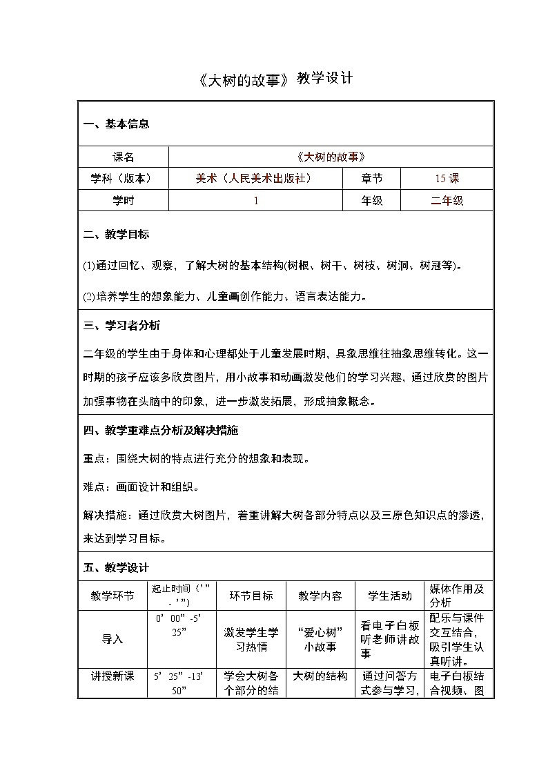 人美版 美术二年级上册 第15课 《大树的故事》(1) 教案第1页