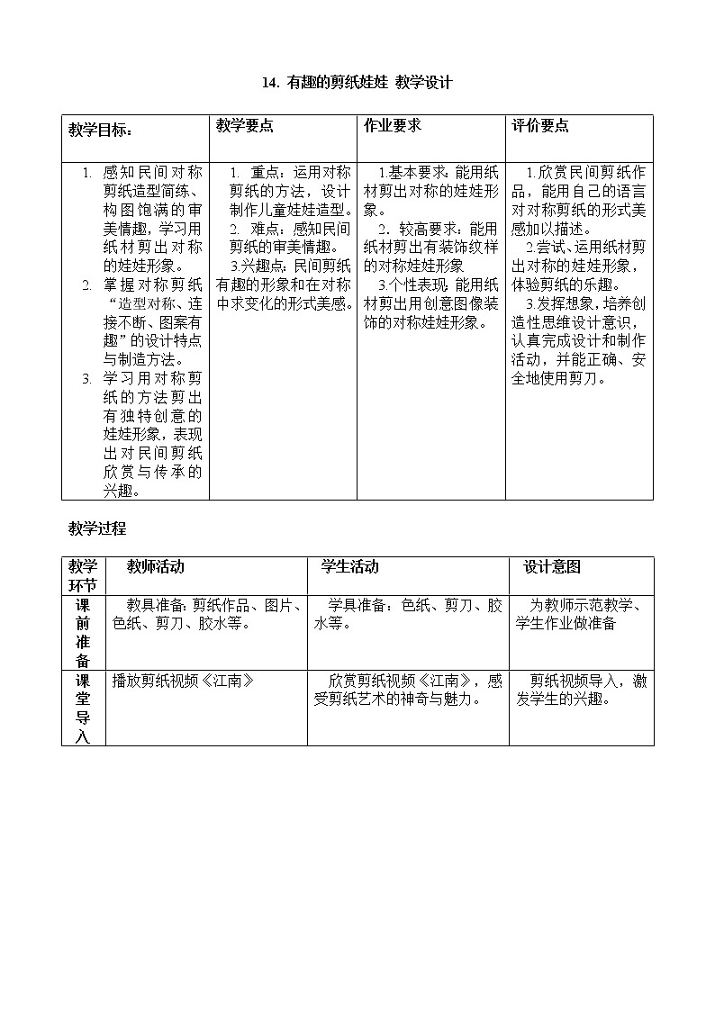 岭南版美术二年级下册 14. 有趣的剪纸娃娃 教学设计 (3) （表格式）01