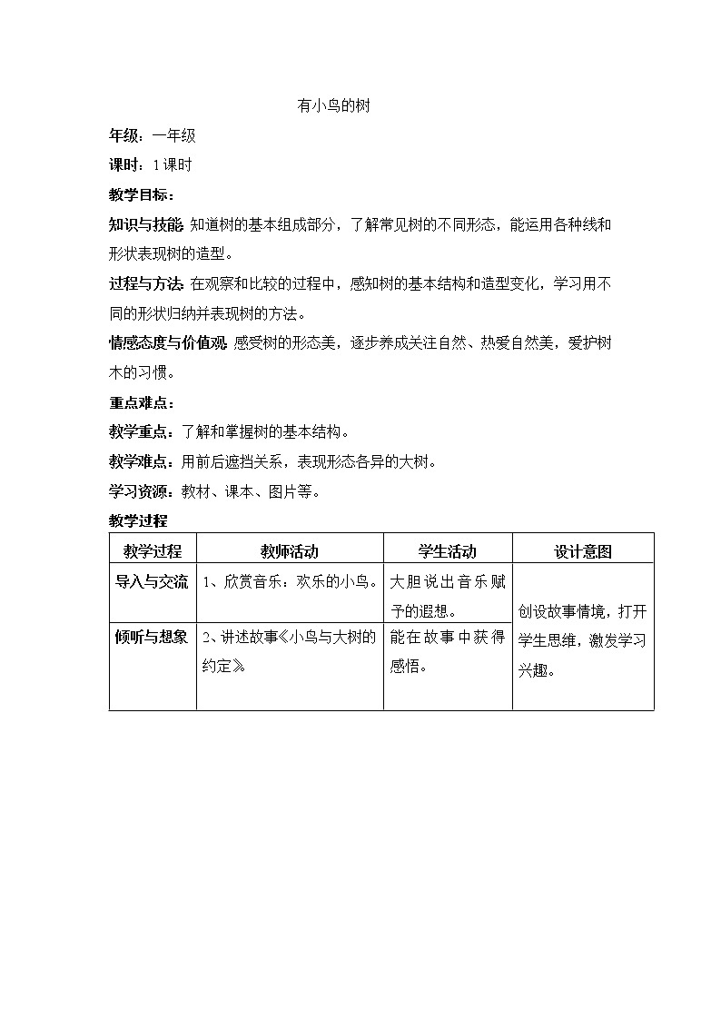一年级上册美术教案 第5课 有小鸟的树沪教版（表格式）第1页