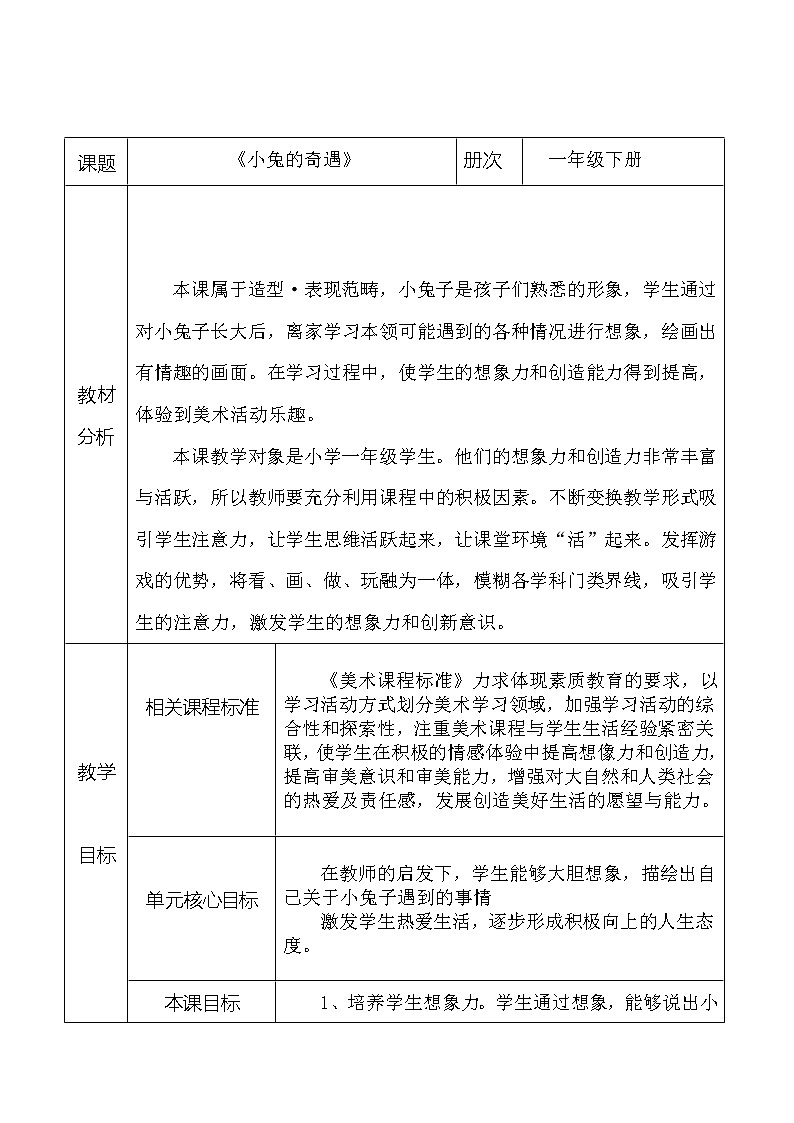 冀美版一年级美术下册《12.小兔的奇遇》教学设计01