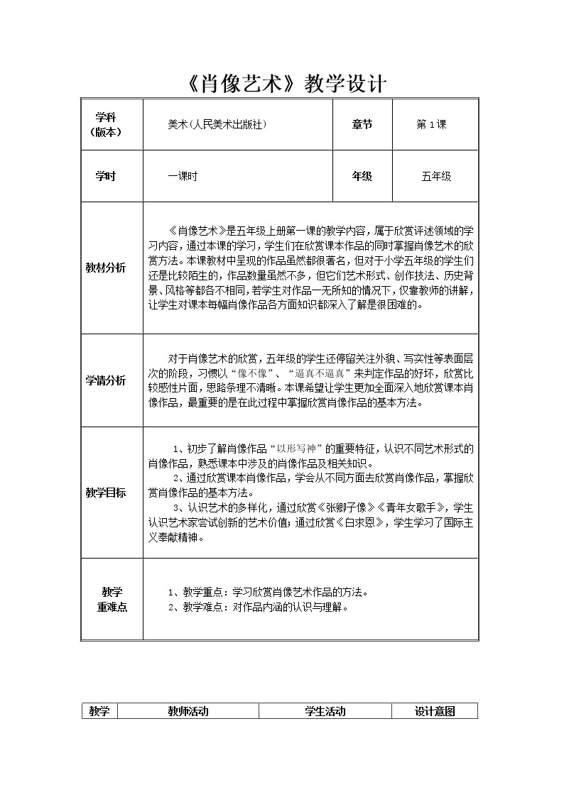 美术五年级上册人美版 第1课 肖像艺术（教案）01