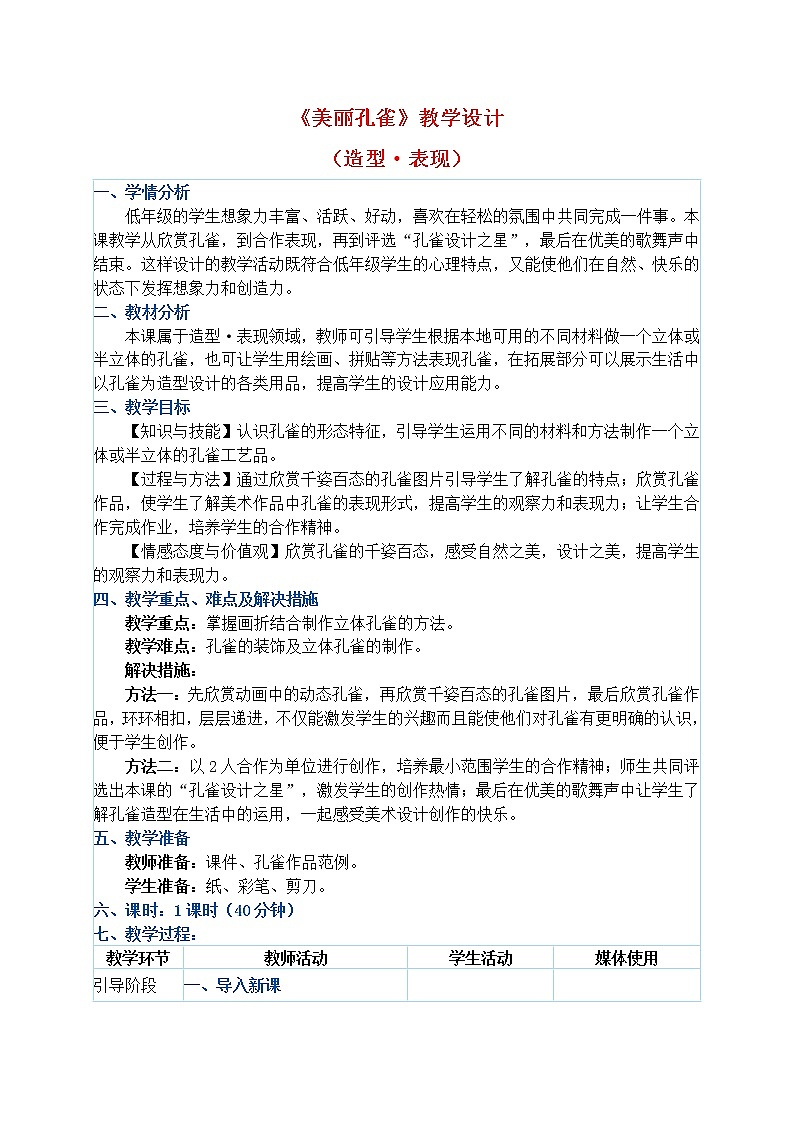 人教版二年级下册美术教案第7课《美丽孔雀》01