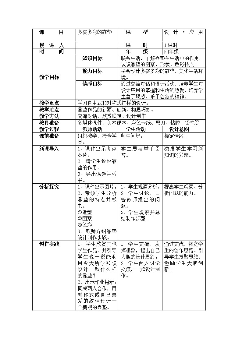 人美版 美术四年级上册 第12课 多姿多彩的靠垫(7) 教案第1页