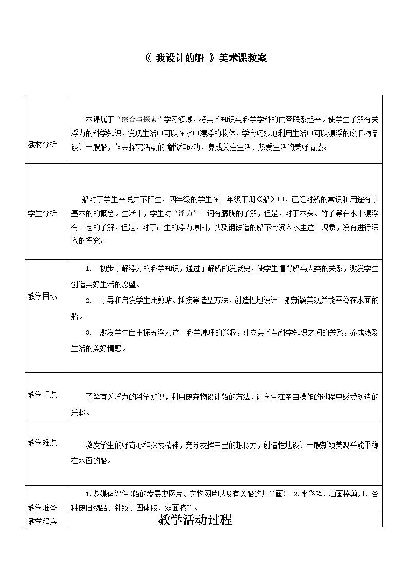 人美版 美术四年级上册 第17课 我设计的船(1) 教案01