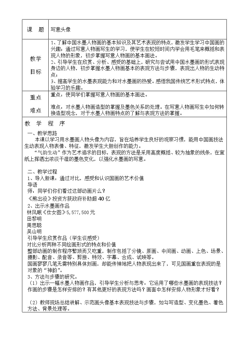 桂美版五年级美术下册《10 写意头像》教学设计（表格式）第1页