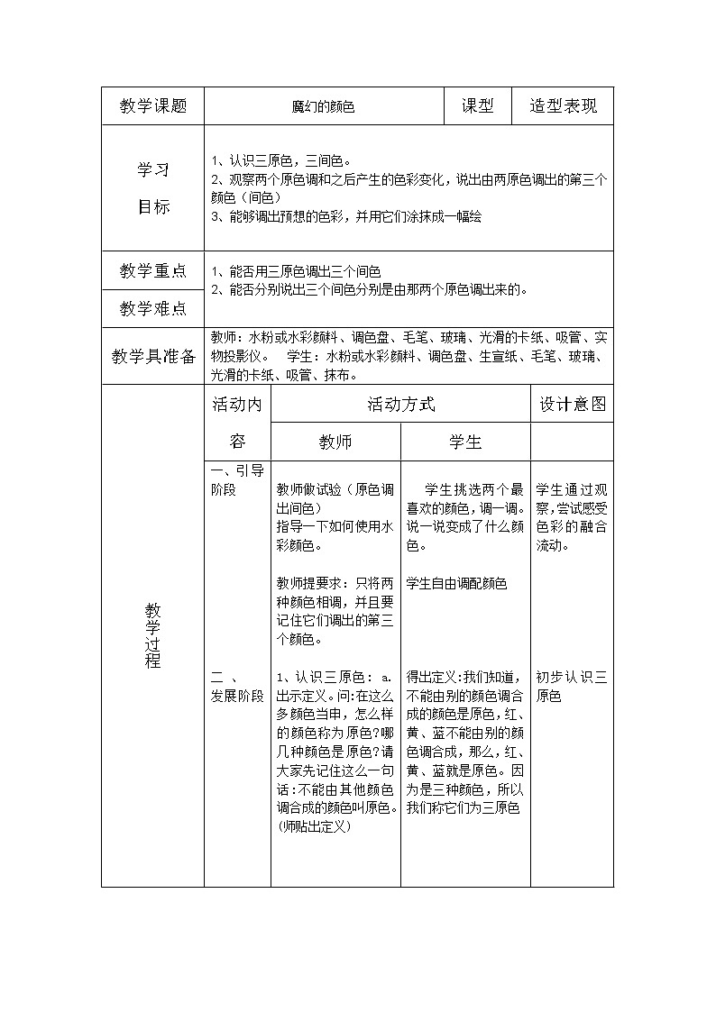 人教版 美术3年级上册 全册教案（表格式）第2页