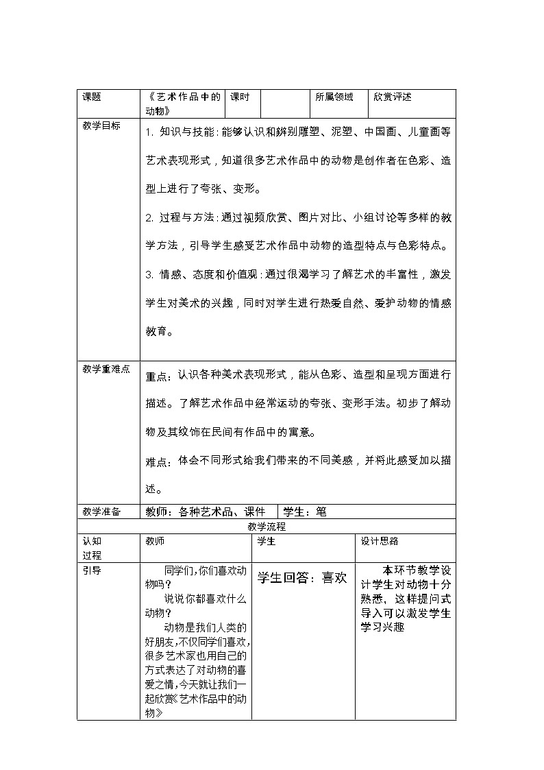 人美版美术二年级下册 第11课 艺术作品中的动物（教案）第1页