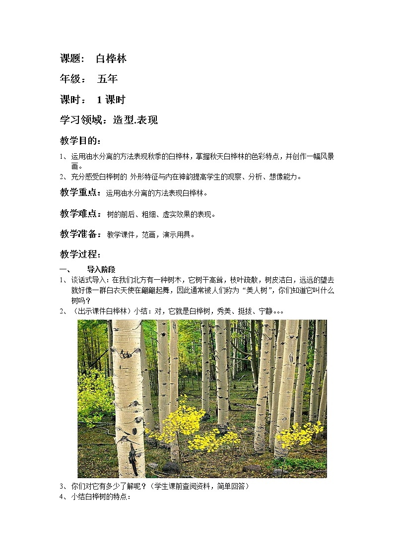 五年级上册美术教案-第6课  白桦林｜辽海版第1页