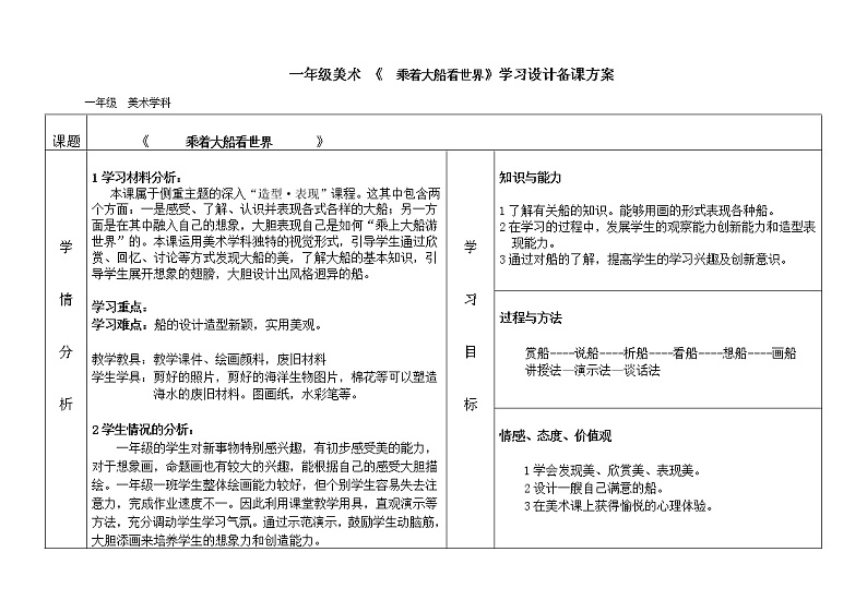 人教版小学一年级美术下册 第15课 乘上大船游世界 教案第1页