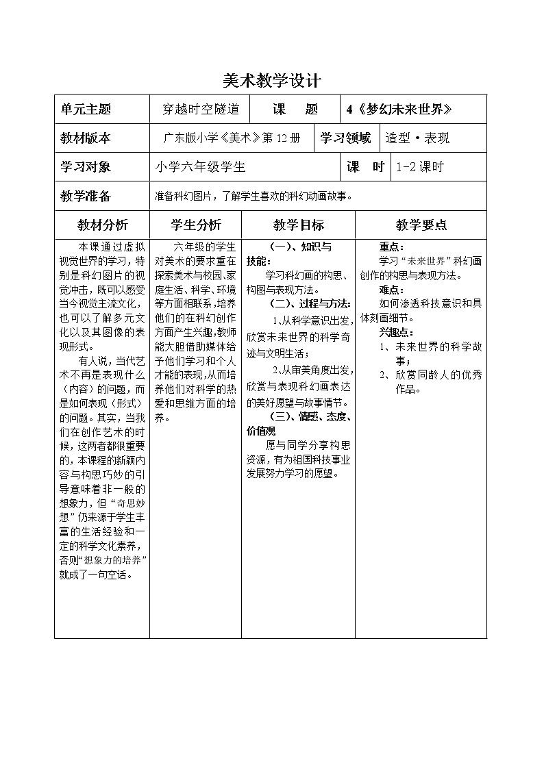 六年级下册美术教案第4课 梦幻未来世界｜岭南版  (1)第1页