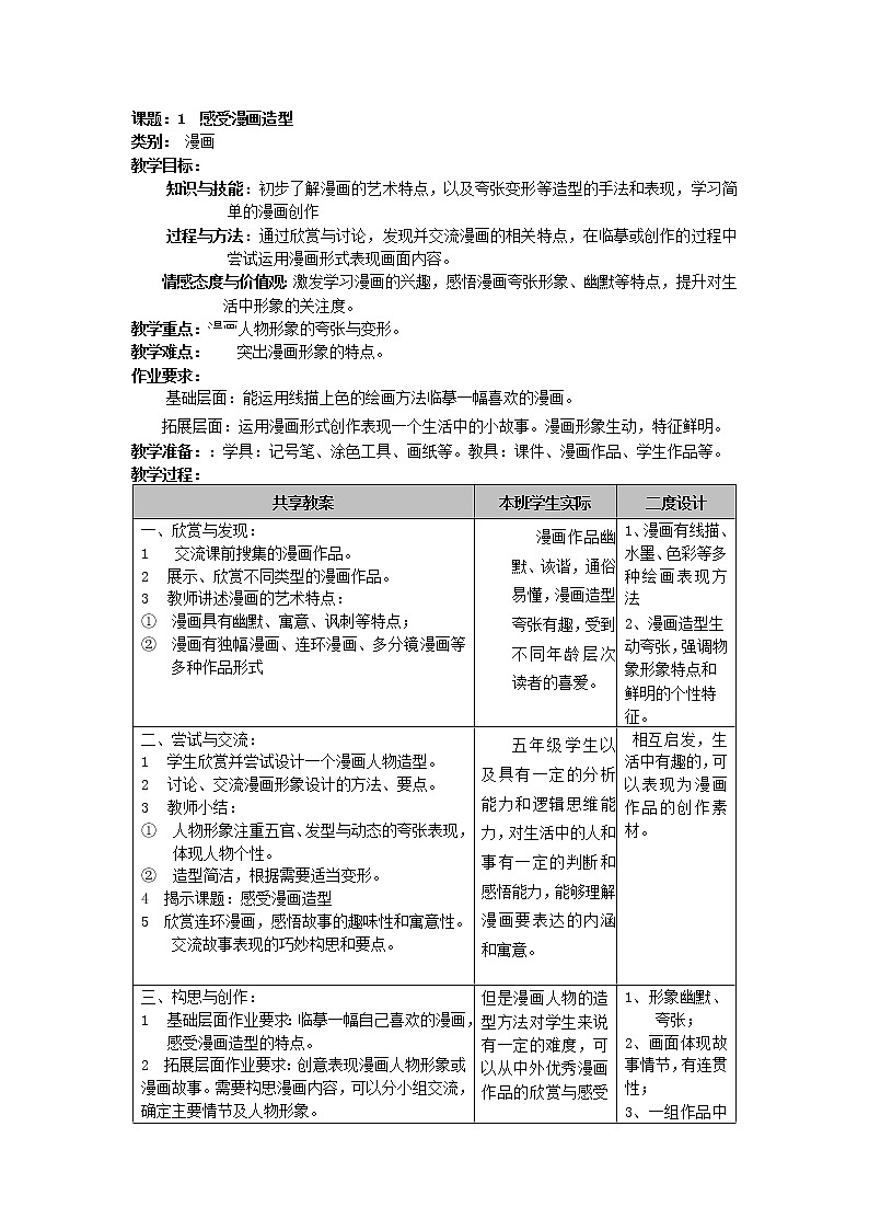 五年级上册美术教案第1课 感受漫画造型｜沪教版第1页