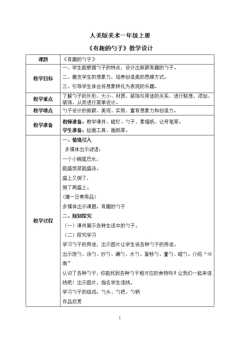 人美版美术一年级上册9.《有趣的勺子》课件+教学设计01
