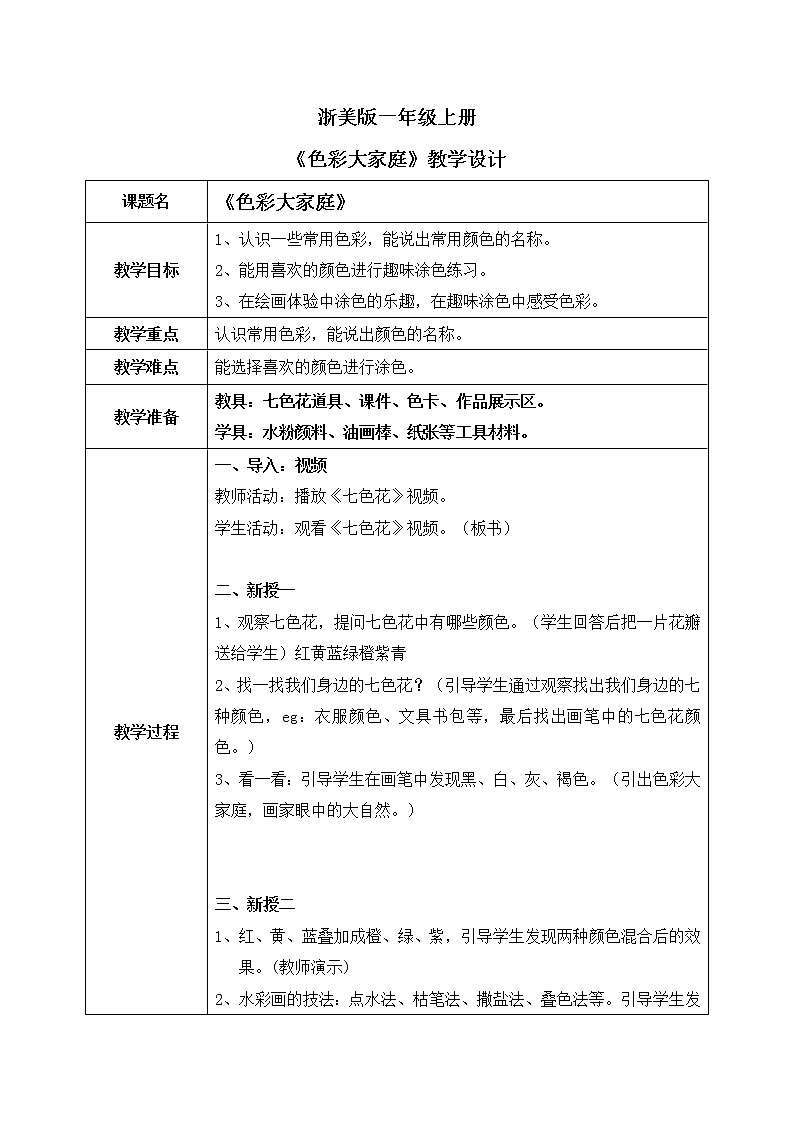 浙美版1上美术3《色彩大家庭》教案第1页