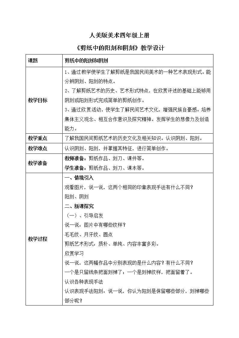 人美版美术四上第20课《剪纸中的阳刻和阴刻》教学设计第1页