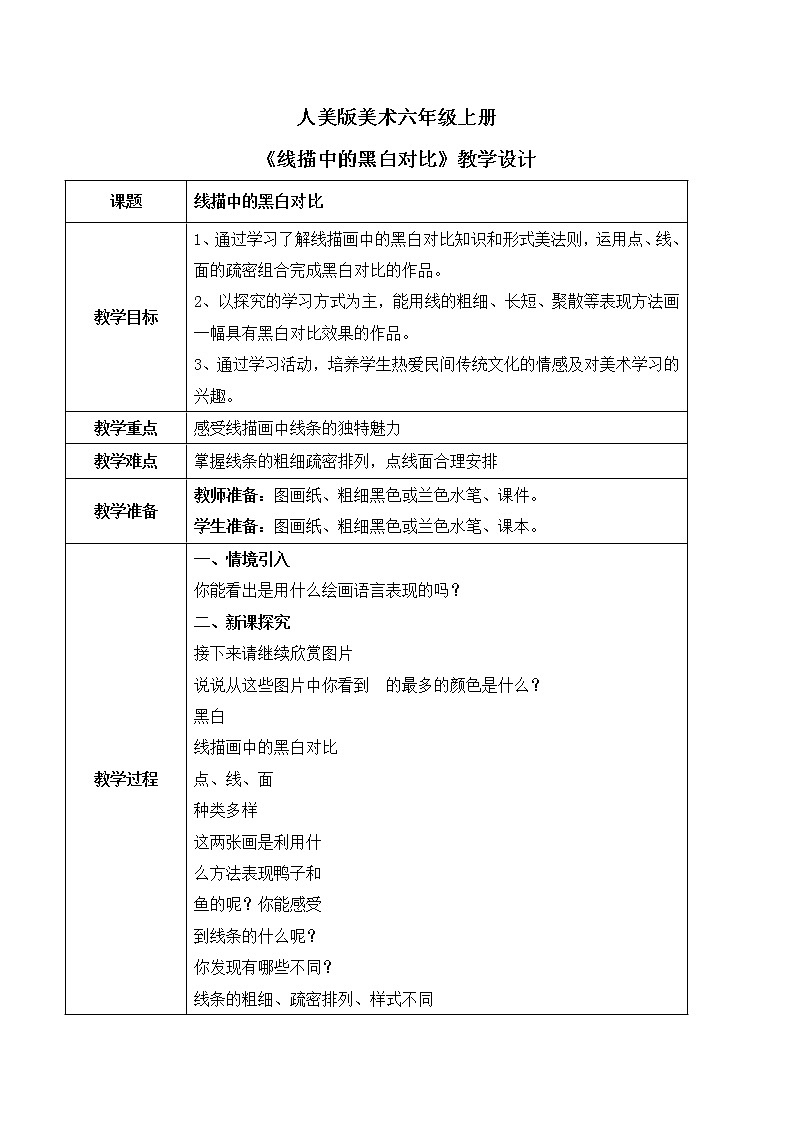 人美版美术六上第4课《线描中的黑白对比》课件+教学设计01