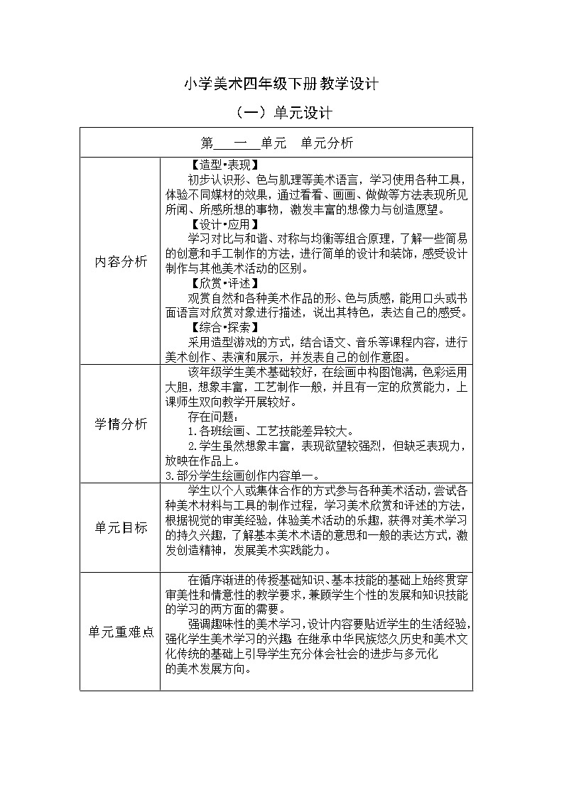 小学美术教学设计  四年级下册（精编第1页