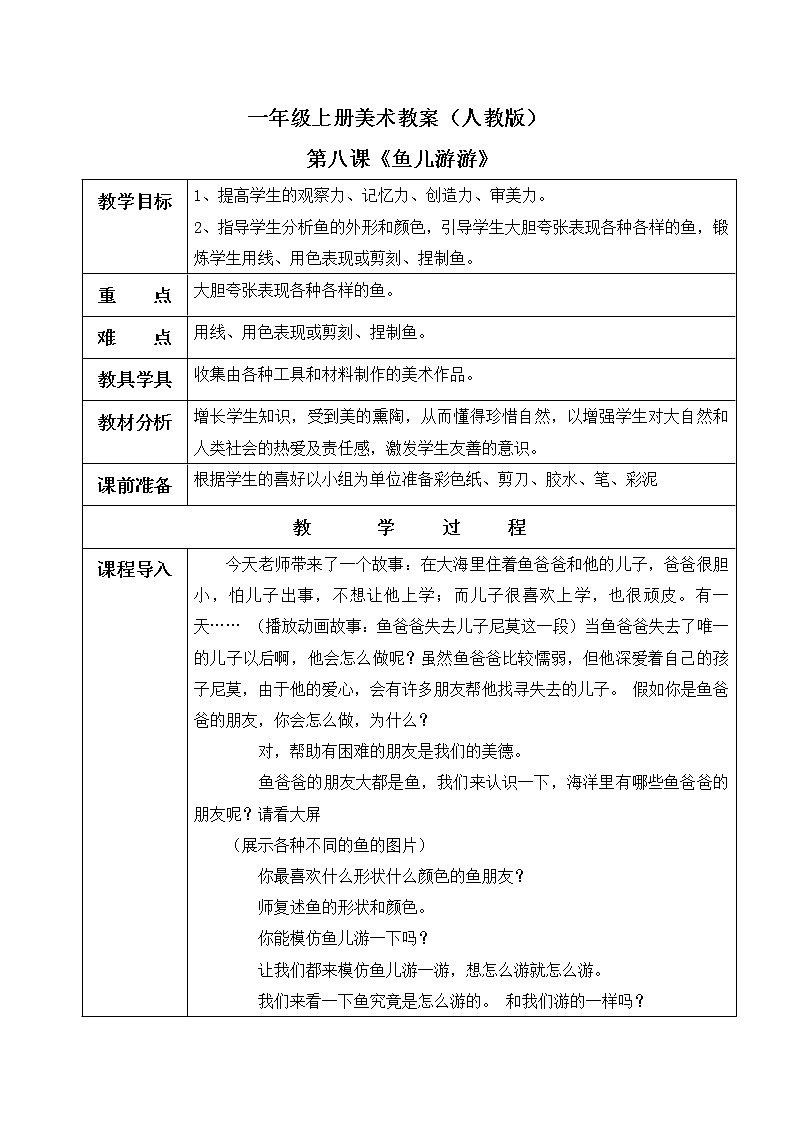 小学美术 一年级上册 第八课《鱼儿游游》课件PPT+教案01