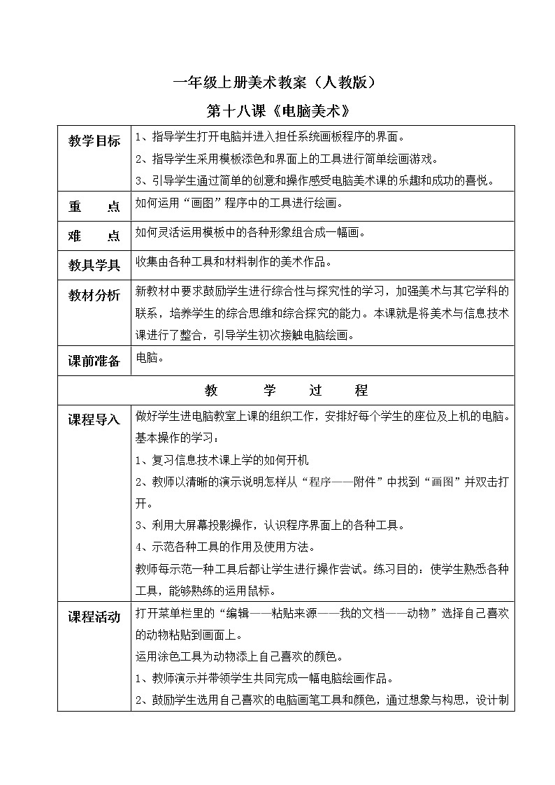 小学美术 一年级上册 第十八课《电脑美术》课件PPT+教案01