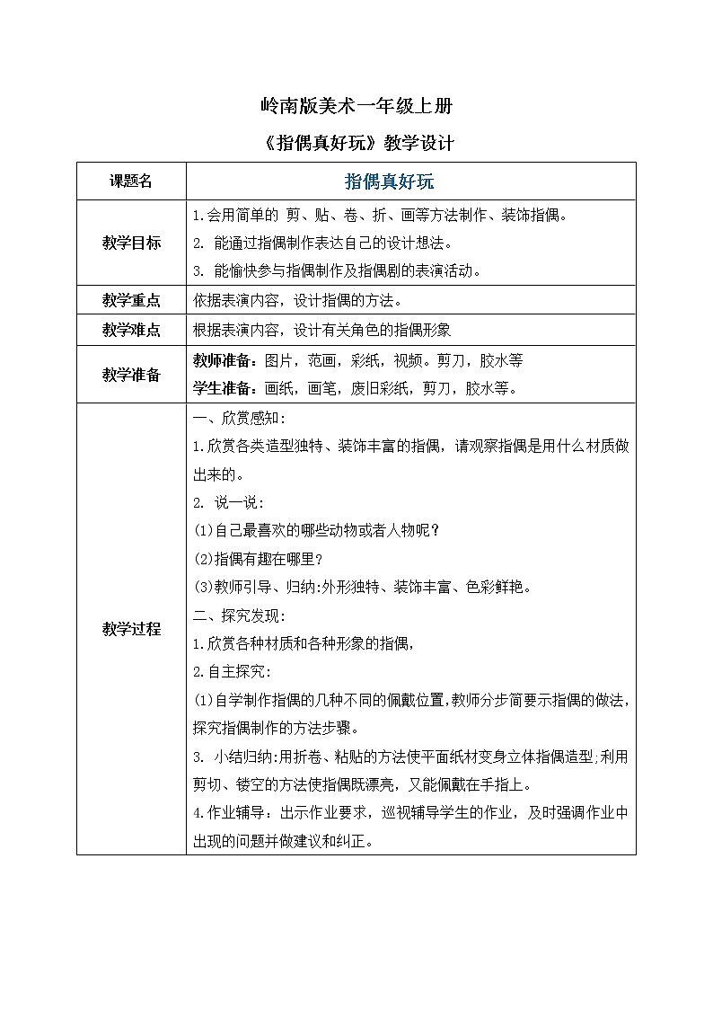 岭南版1上美术第15课《指偶真好玩》课件+教案01