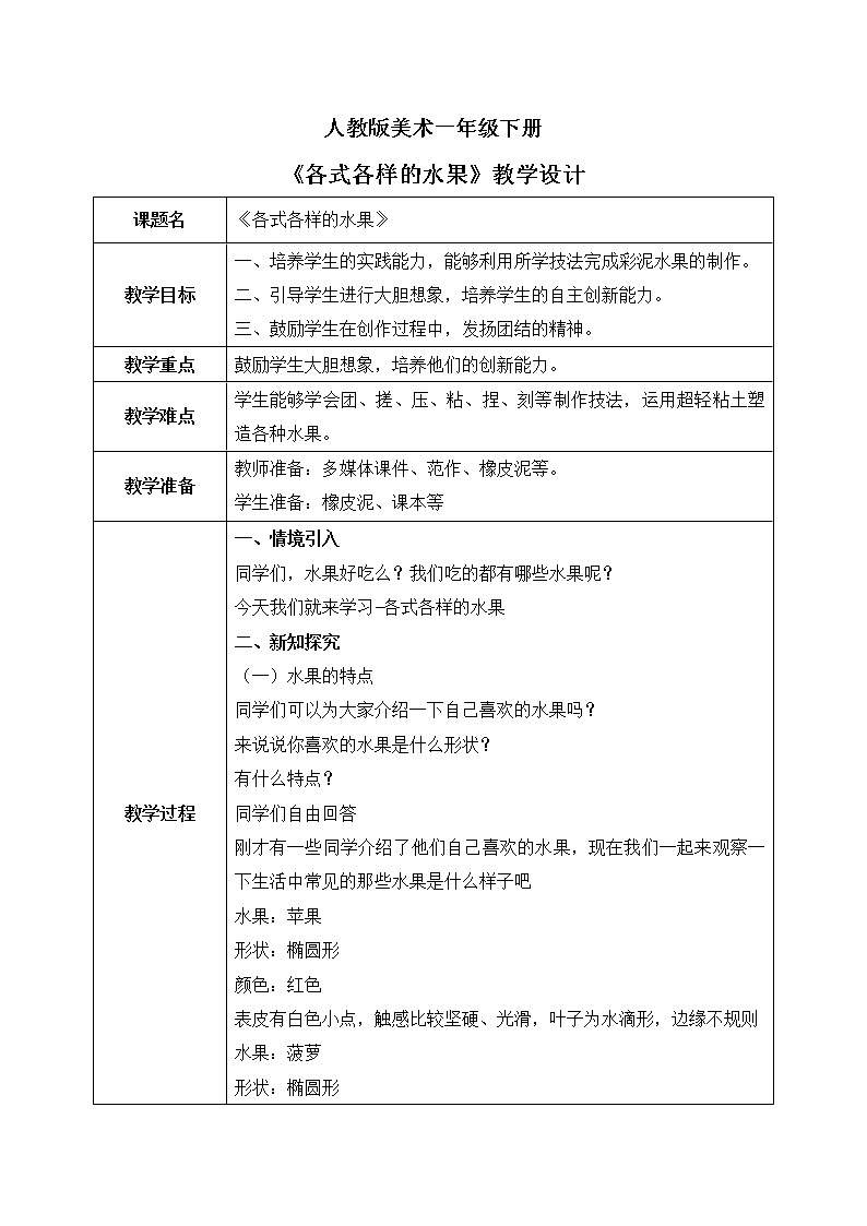 人教版美术一下13.《各式各样的水果》课件+教学设计01