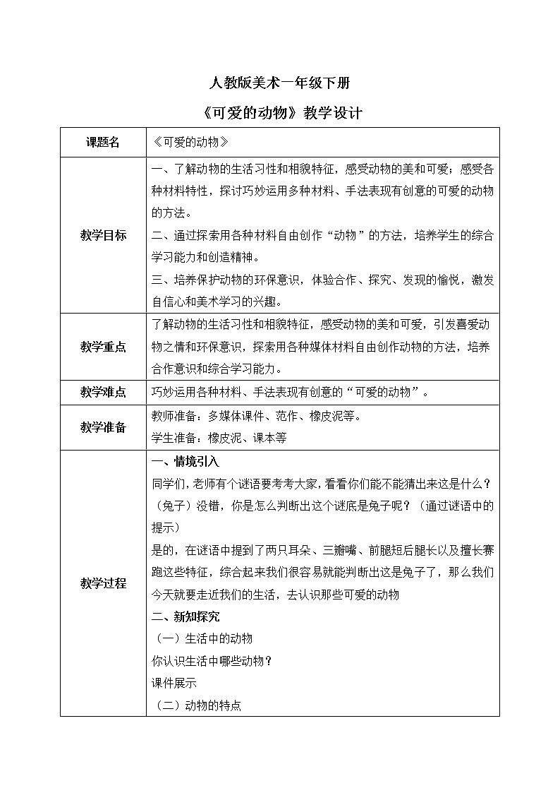 人教版美术一下14.《可爱的动物》课件+教学设计01