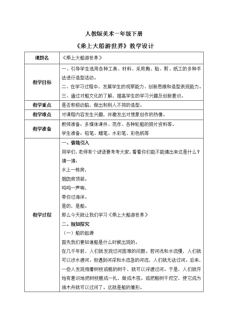 人教版美术一下15.《乘上大船游世界》课件+教学设计01