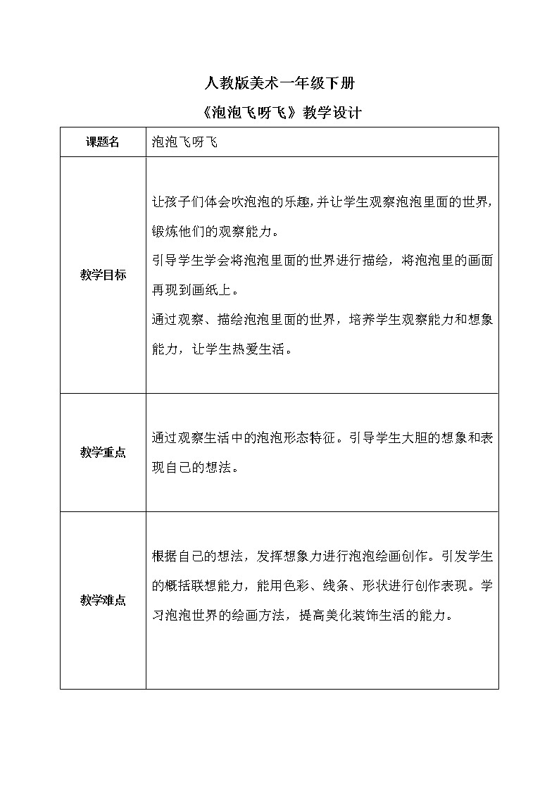 人教版1下美术《泡泡飞呀飞》教案第1页