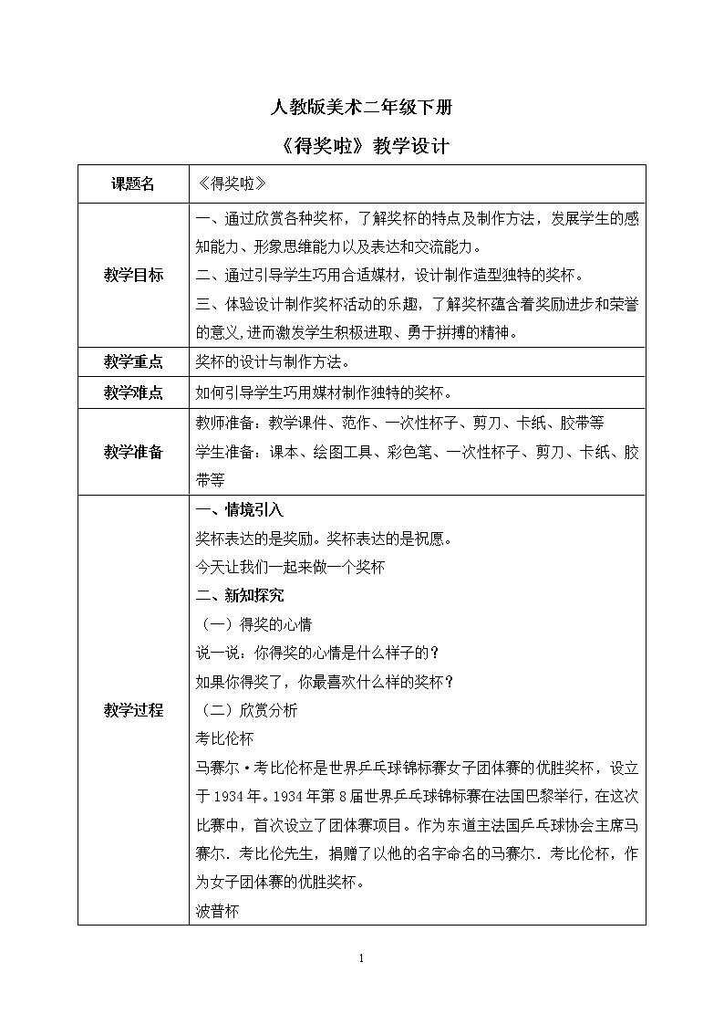 人教版美术二下6.《得奖啦》教学设计第1页