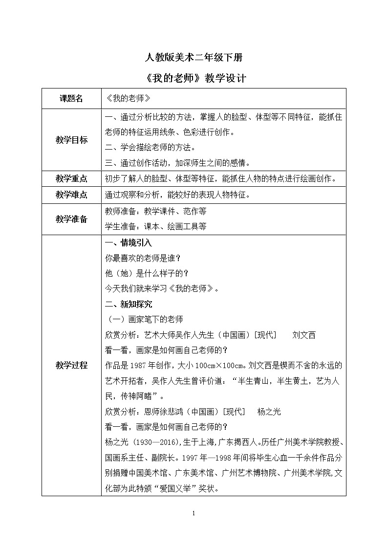 人教版美术二下16.《我的老师》课件+教学设计01